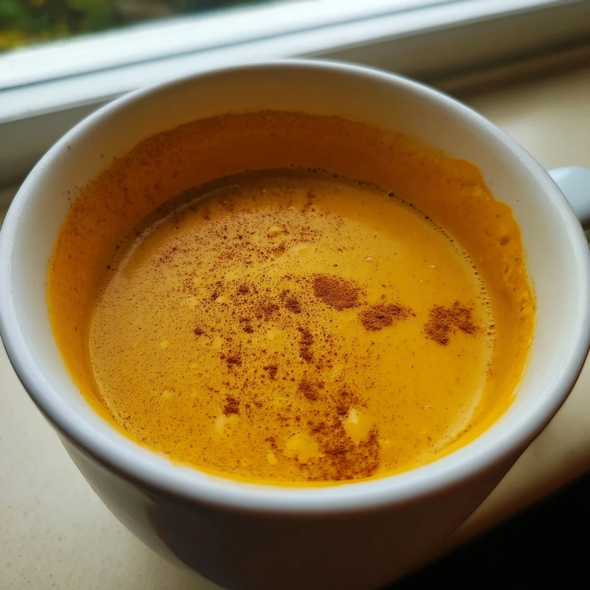 Creamy Goguma Latte topped with cinnamon in a cozy mug