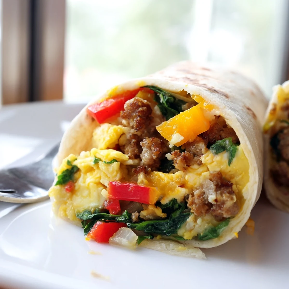 Golden freezer breakfast burritos filled with scrambled eggs, sausage, and melted cheddar cheese