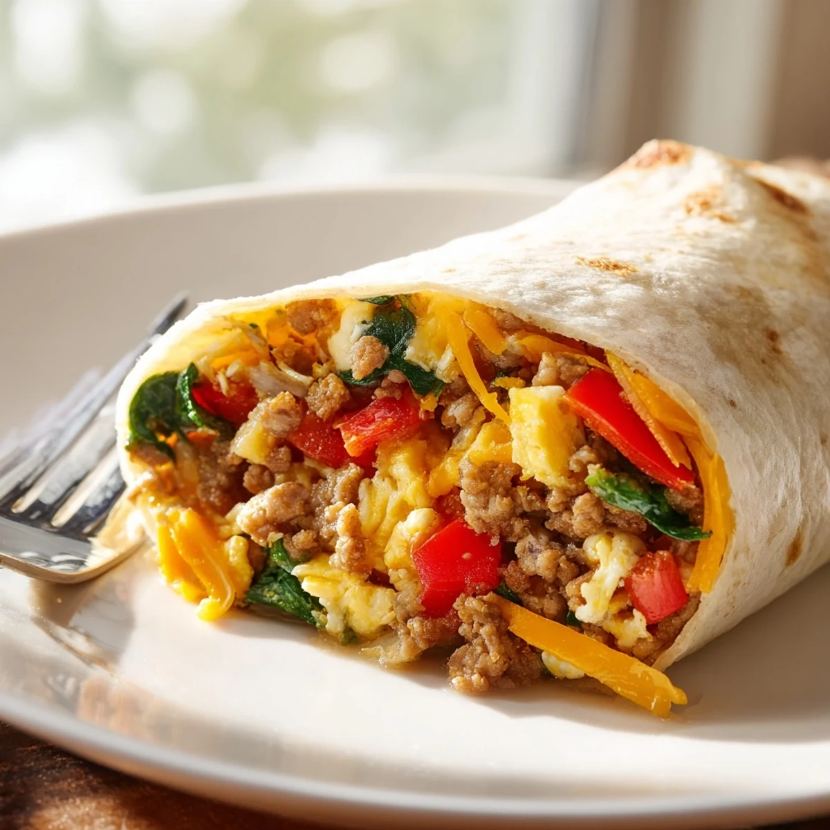 Sliced freezer breakfast burritos revealing fluffy eggs, red pepper, and gooey cheddar inside