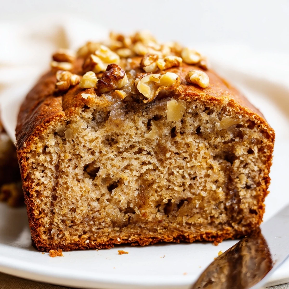 Golden Nana's Secret Banana Nut Bread sliced on a rustic wooden board with scattered walnuts