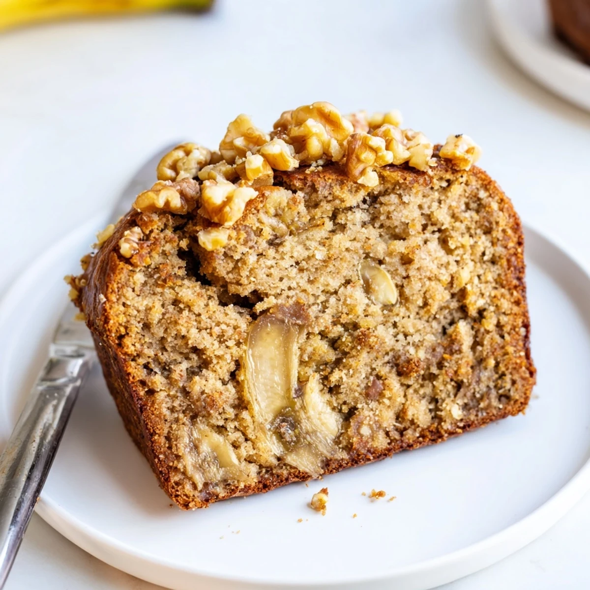Nana's Secret Banana Nut Bread loaf topped with crunchy walnuts beside a steaming mug