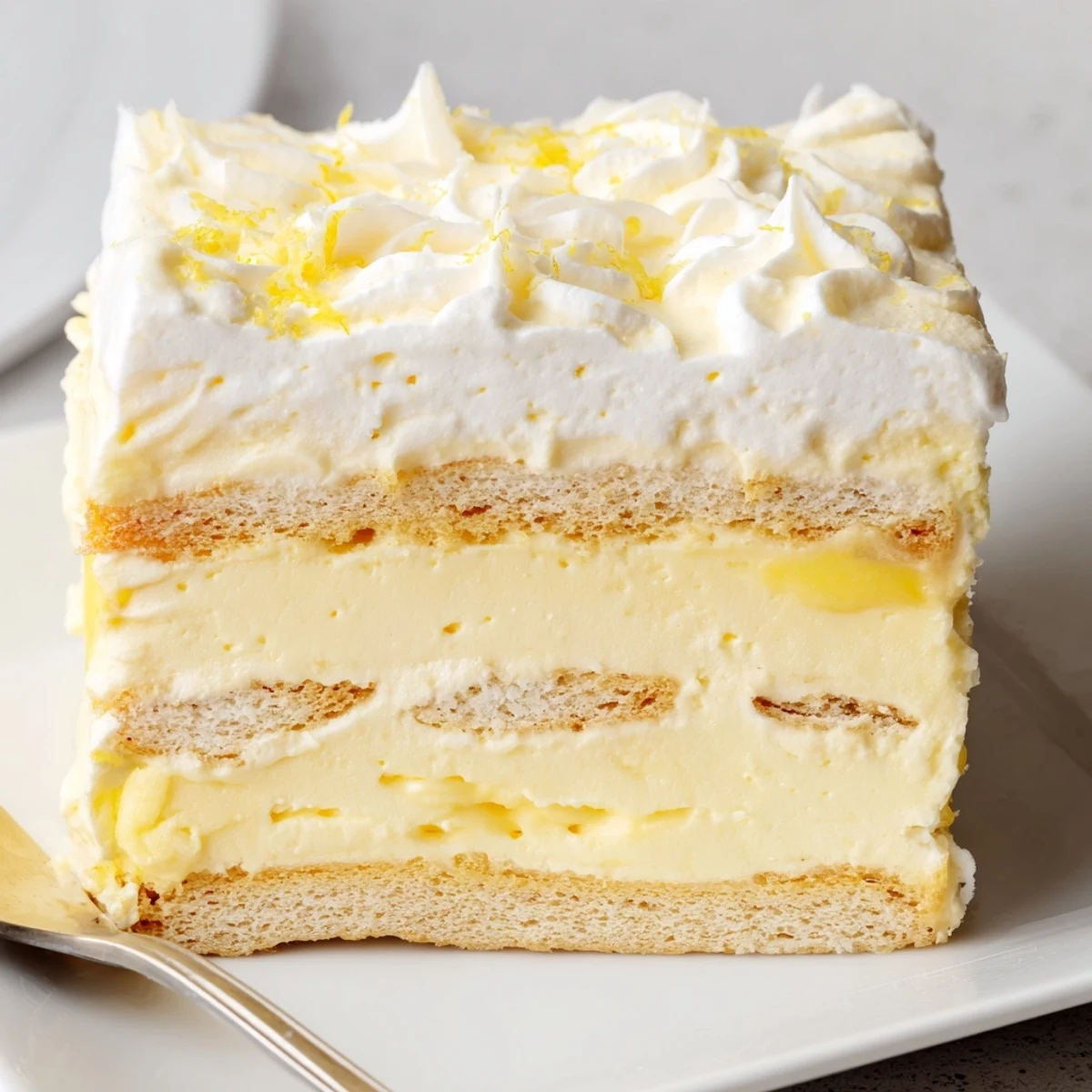 A layered lemon tiramisu sliced in a square dish with zest garnish