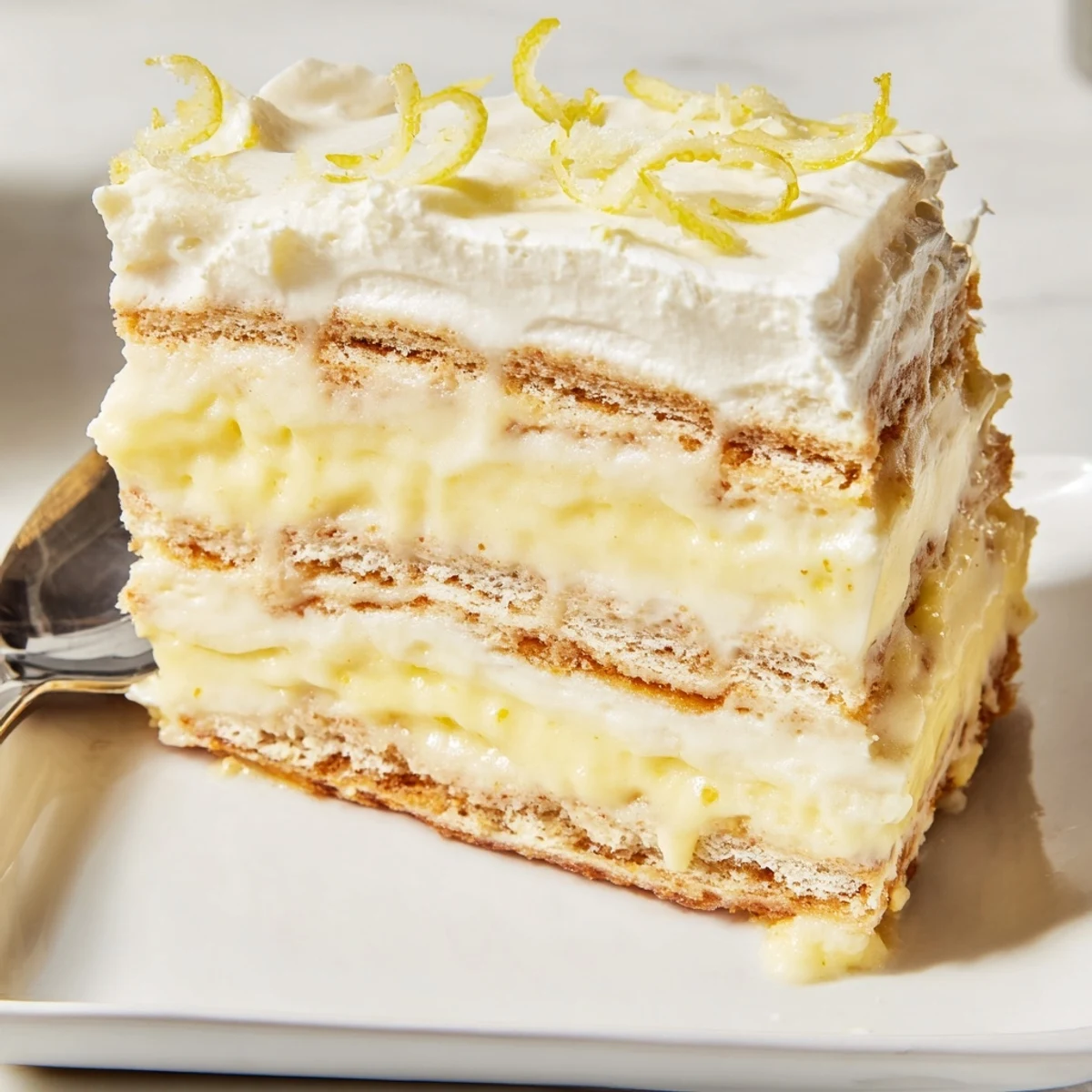 Chilled lemon tiramisu squares with bright lemon zest and mint on a summer table