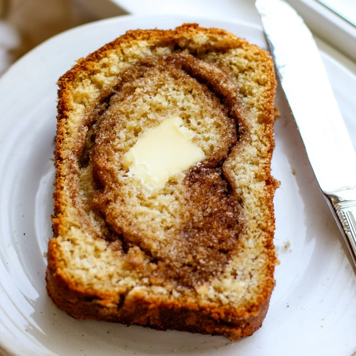 Warm snickerdoodle banana bread loaf swirled with cinnamon sugar, fresh from the oven