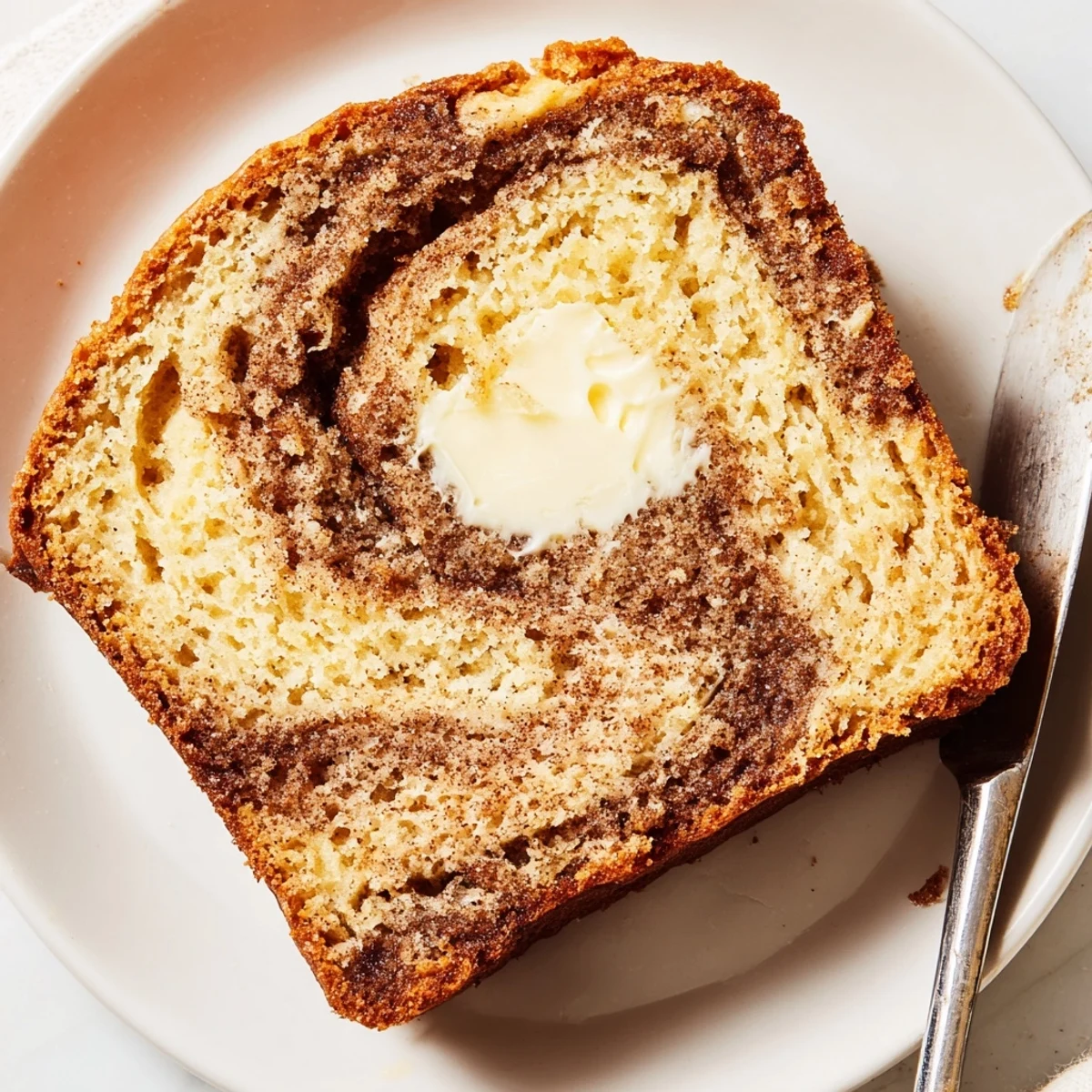 A thick slice of snickerdoodle banana bread topped with melting butter on a plate