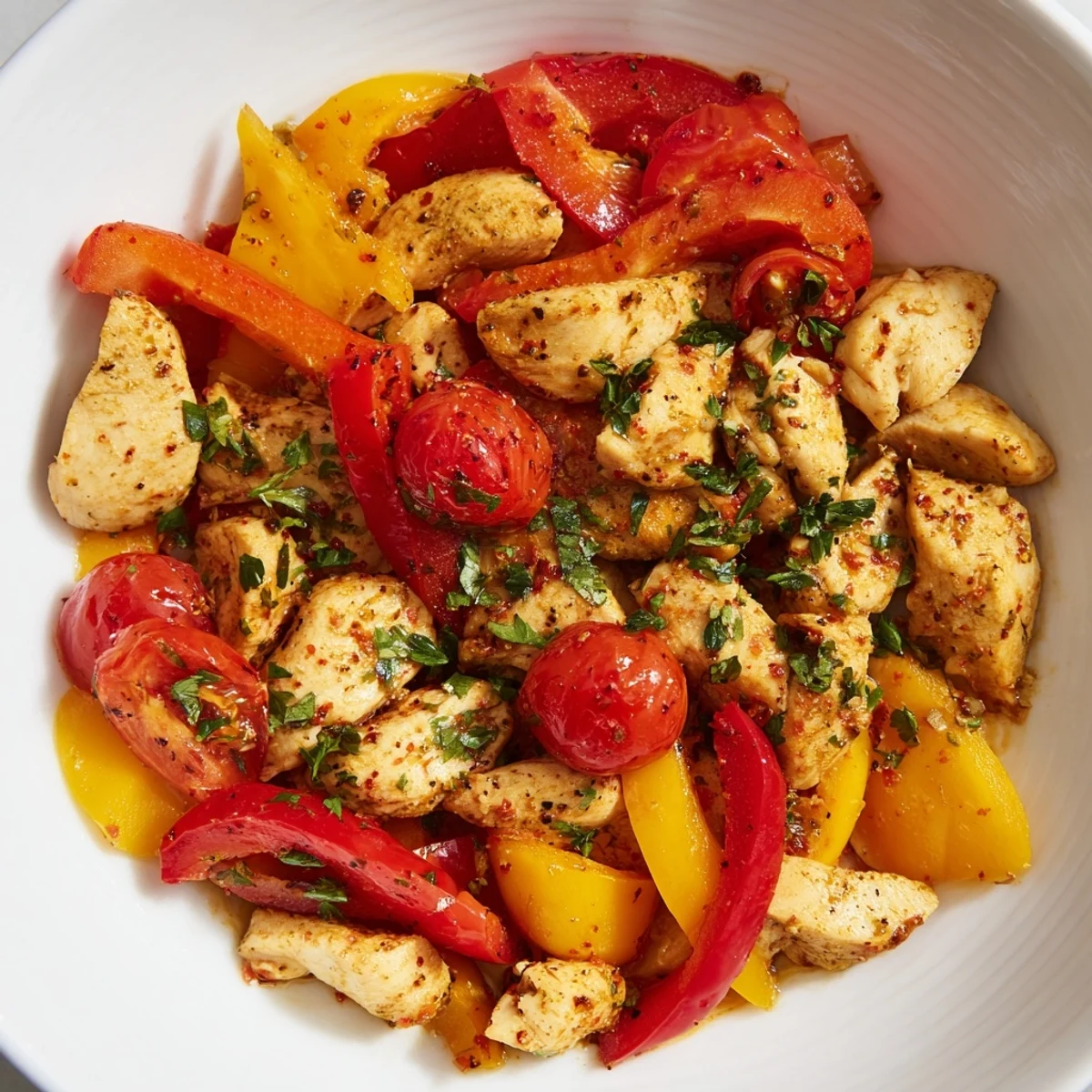 Golden quick flavorful one pan dish with juicy chicken and colorful roasted vegetables