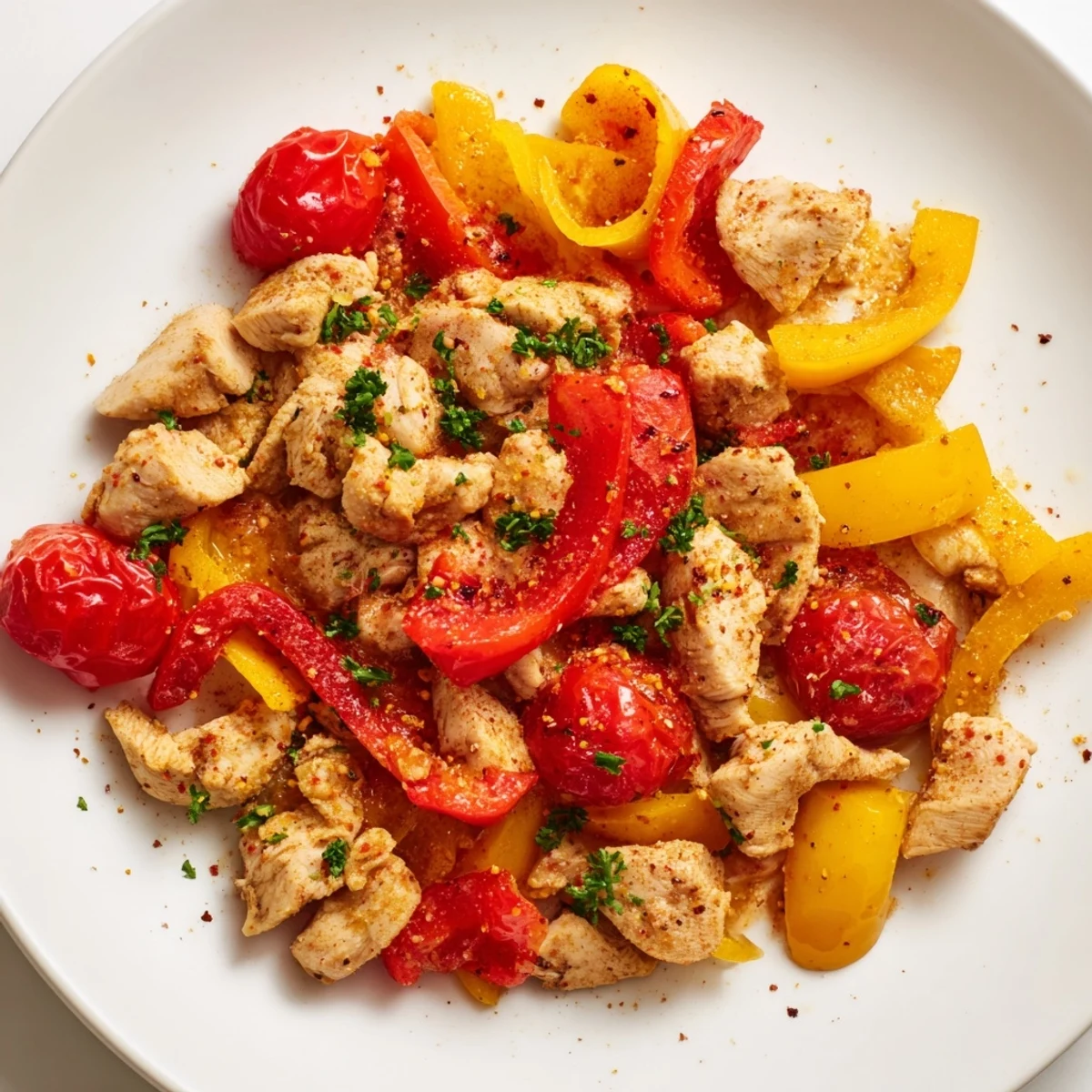 Sizzling quick flavorful one pan dish featuring tender chicken and bright cherry tomatoes