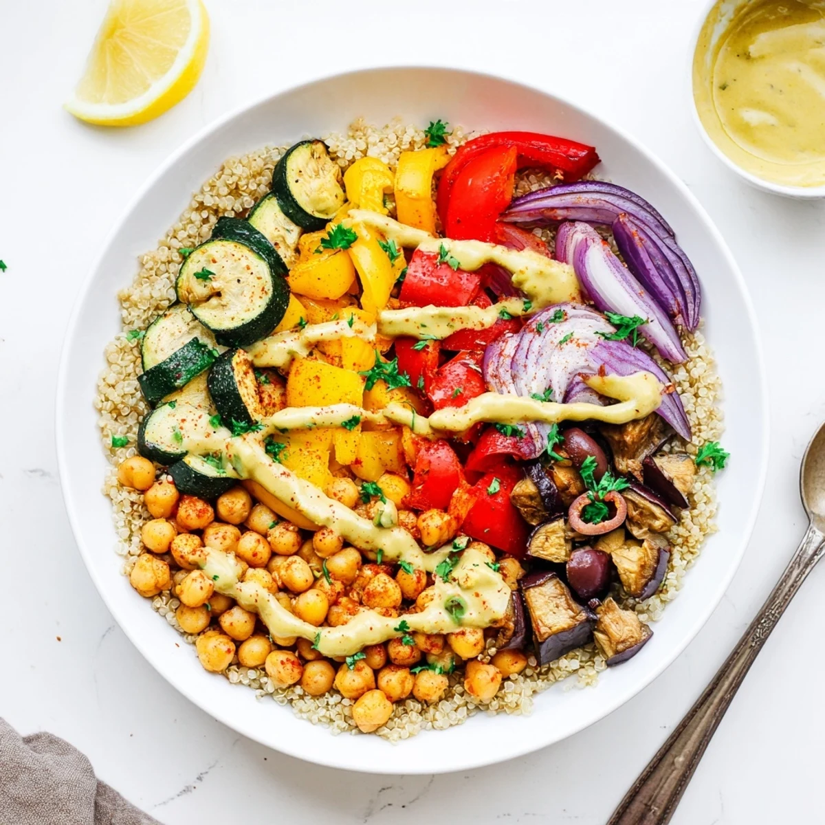 Golden roasted zucchini, eggplant, and chickpeas in a vegan Mediterranean roasted vegetables bowl drizzled with creamy tahini dressing.