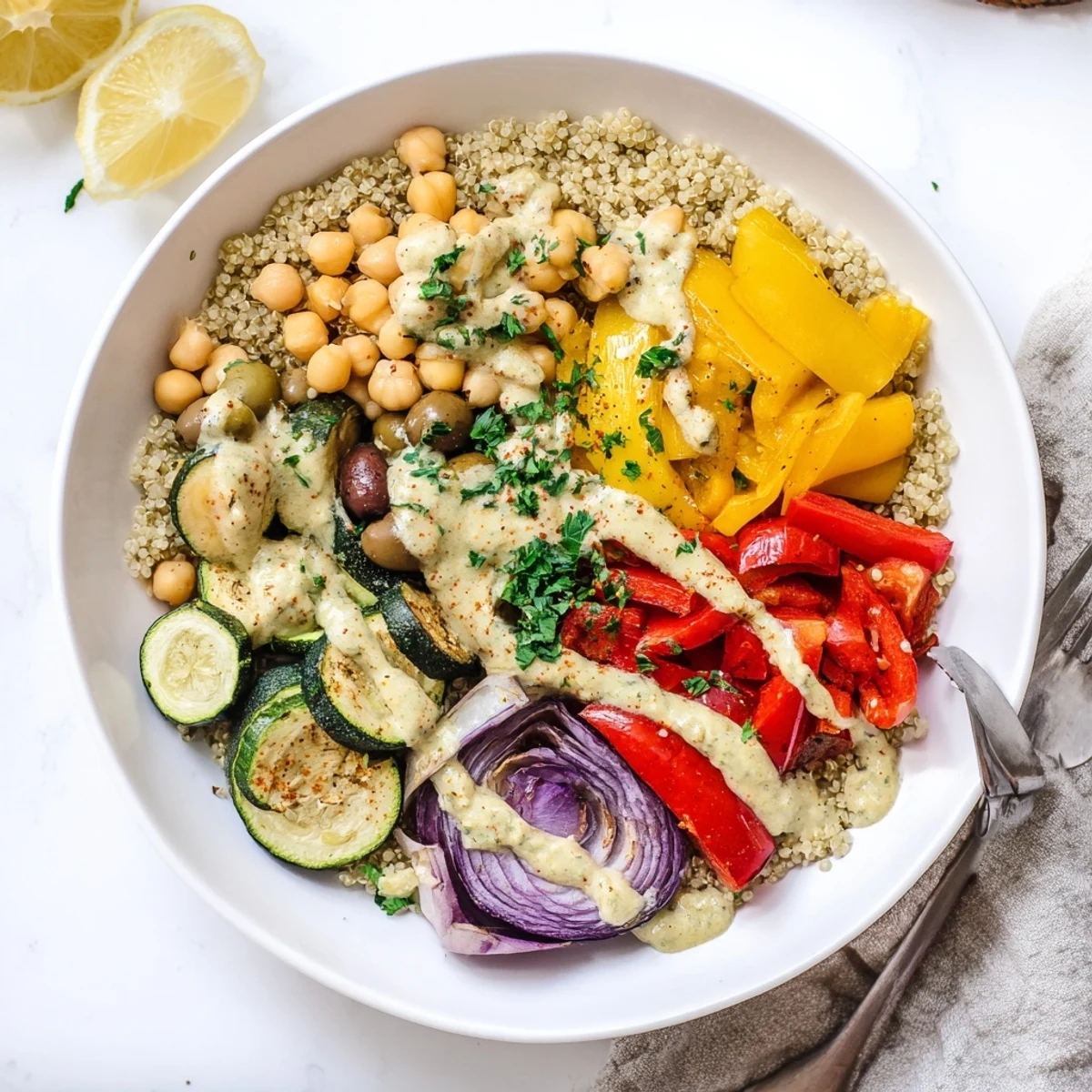 Charred bell peppers and tender chickpeas layered in a vegan Mediterranean roasted vegetables bowl with a lemon-tahini swirl.
