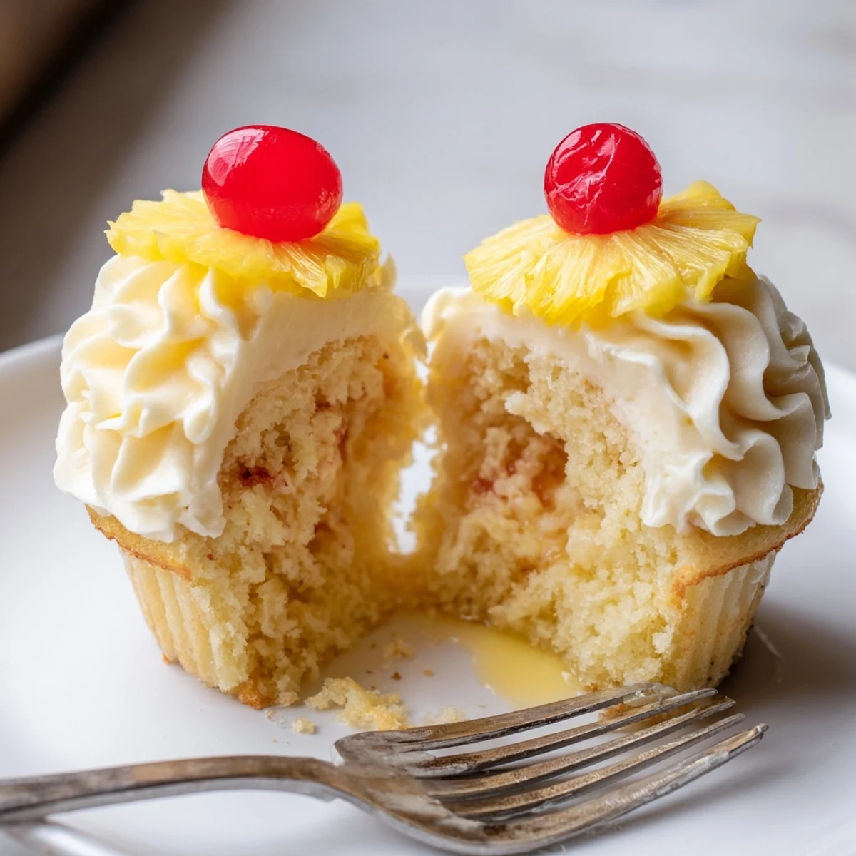 Classic Dole Whip Cupcakes Recipe plated with maraschino cherry and dried pineapple