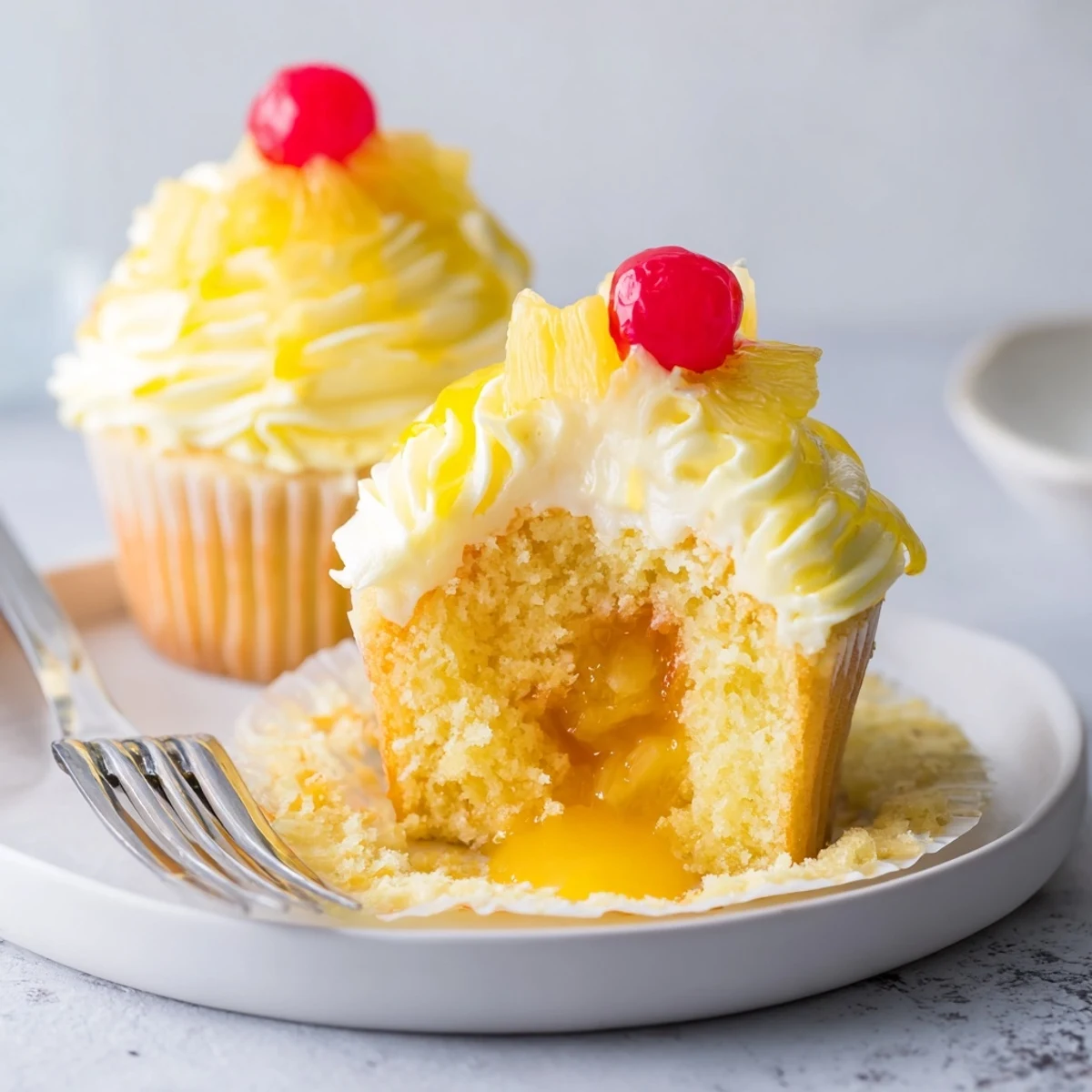Dole Whip Cupcakes Recipe: fluffy pineapple cupcakes topped with creamy yellow frosting