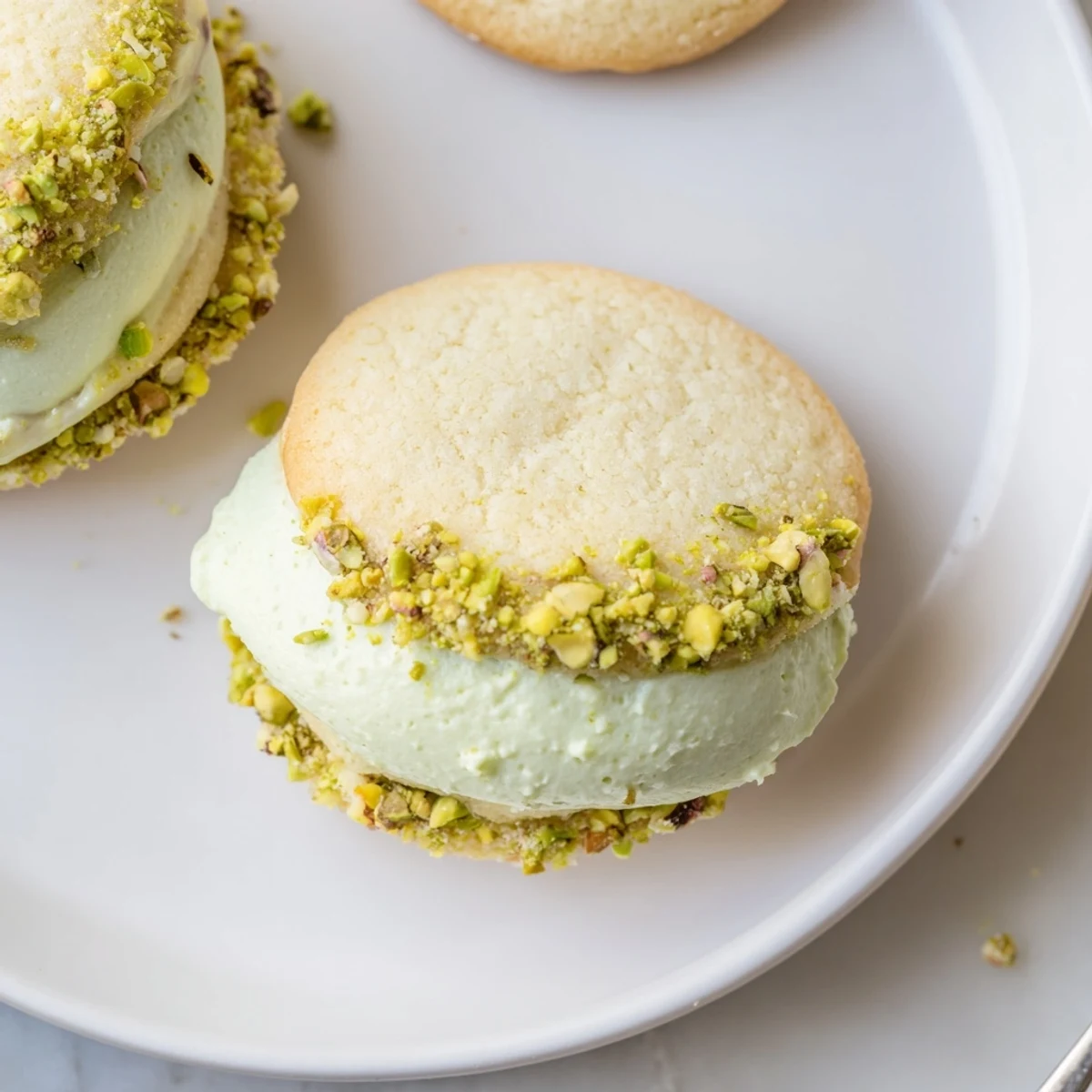 Pistachio Cream Cookies Recipe showing tender golden cookies sandwiched with green filling