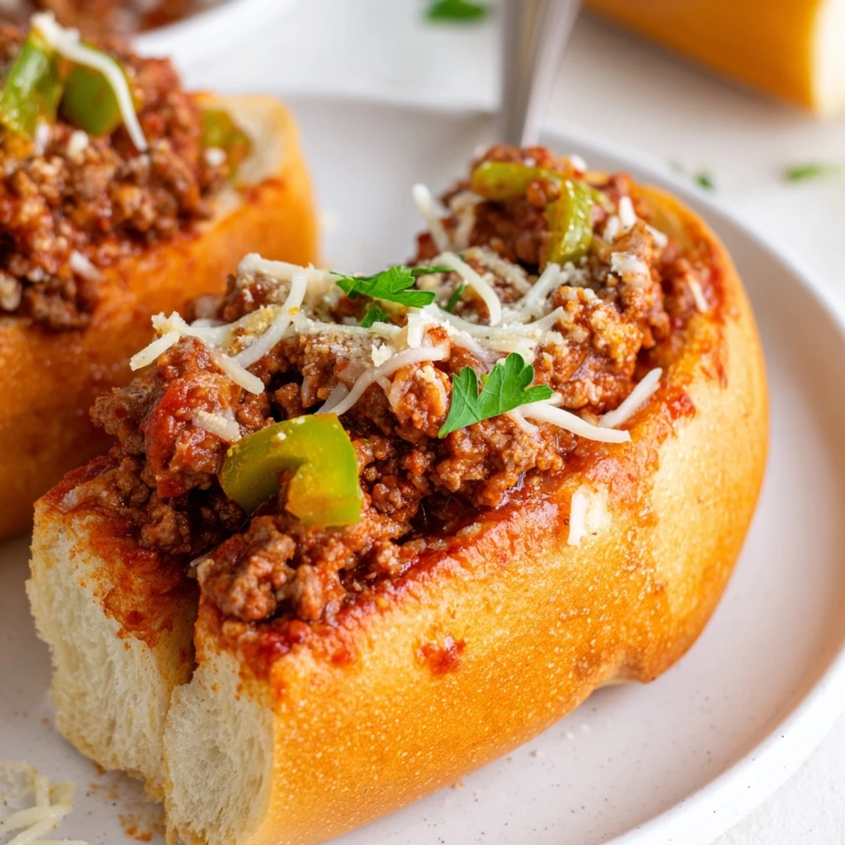 Garlic Bread Sloppy Joes with bubbling mozzarella, buttery crust, savory beef filling