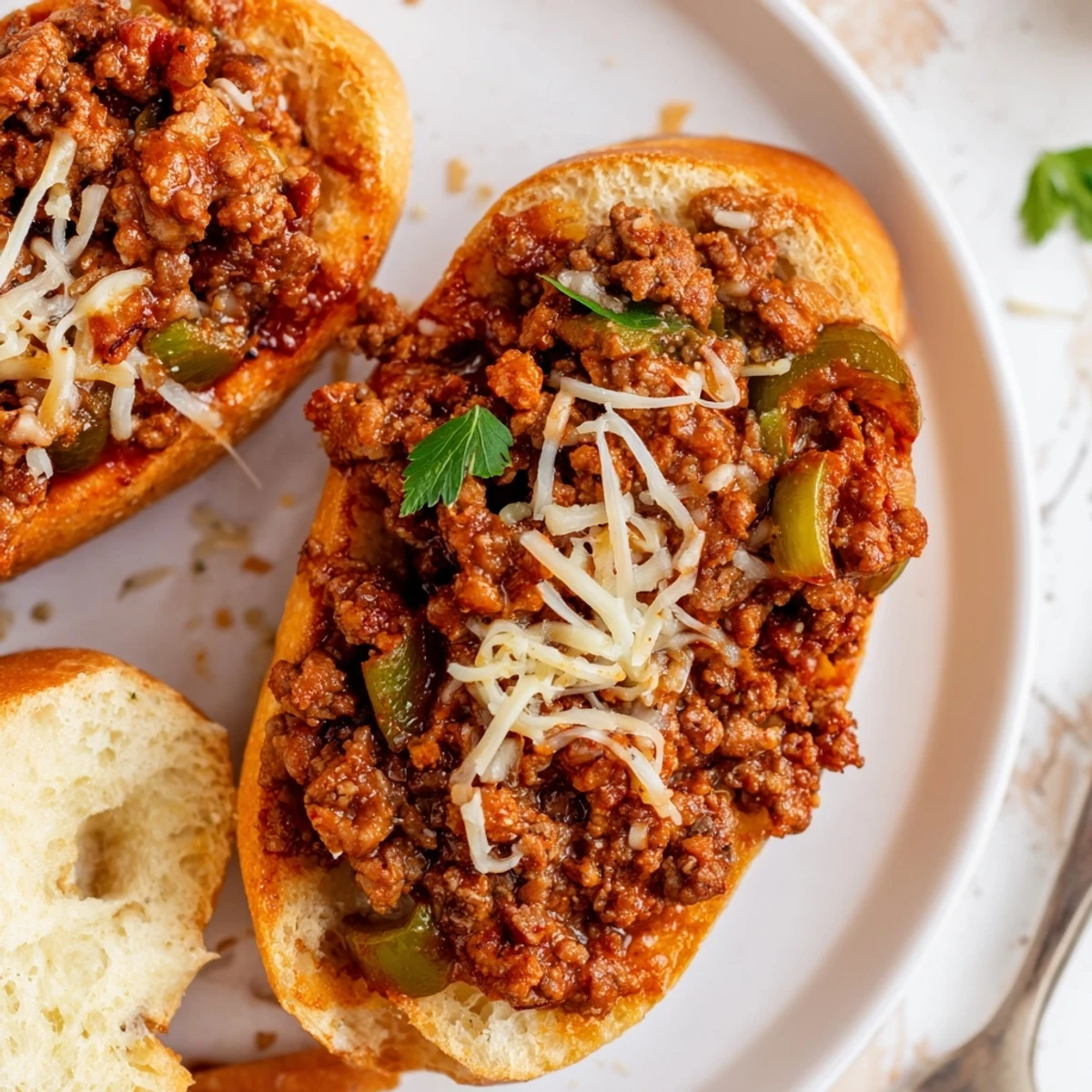 Garlic Bread Sloppy Joes, sliced with steam rising, ready to grab