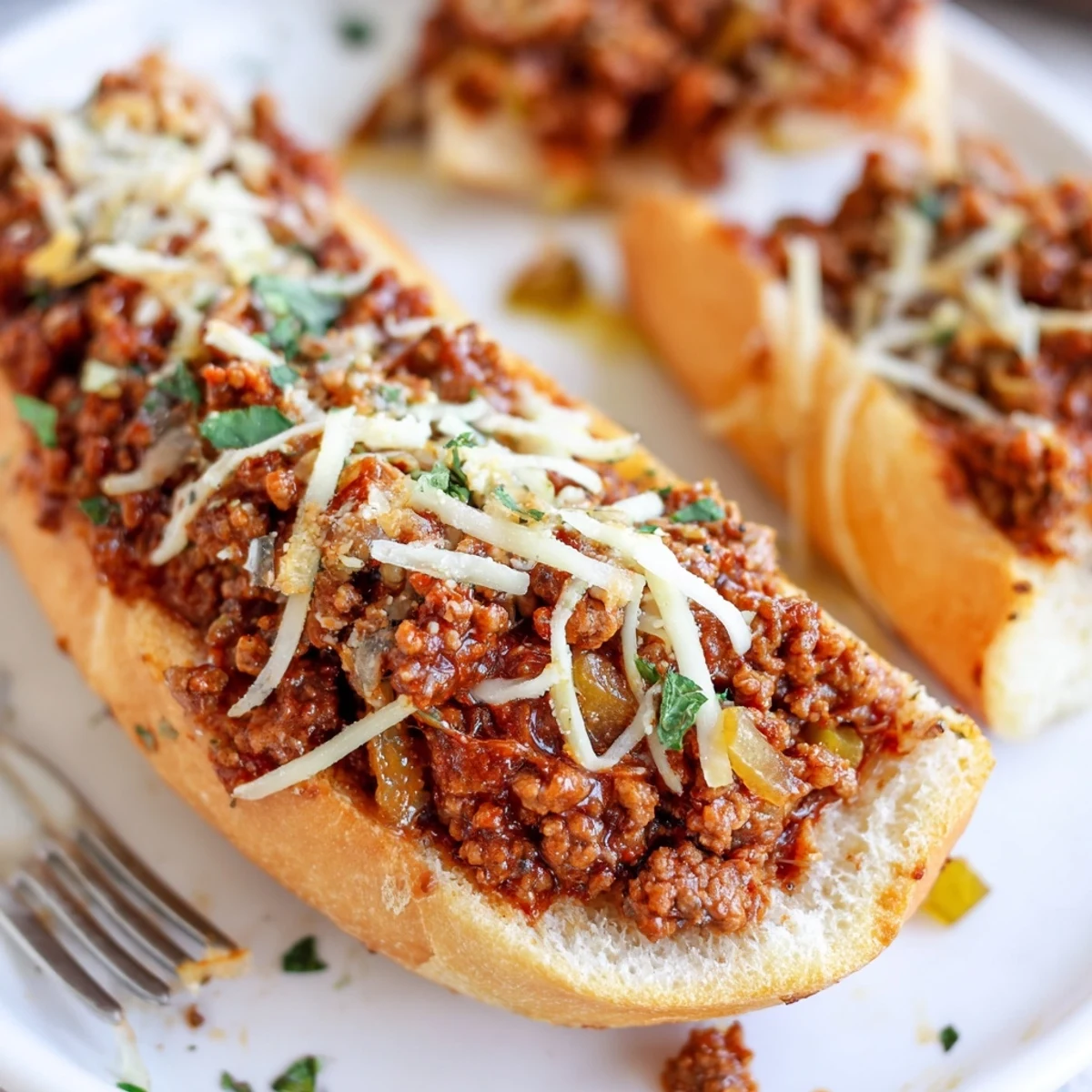 Warm Garlic Bread Sloppy Joes topped with parsley, paired with crisp coleslaw