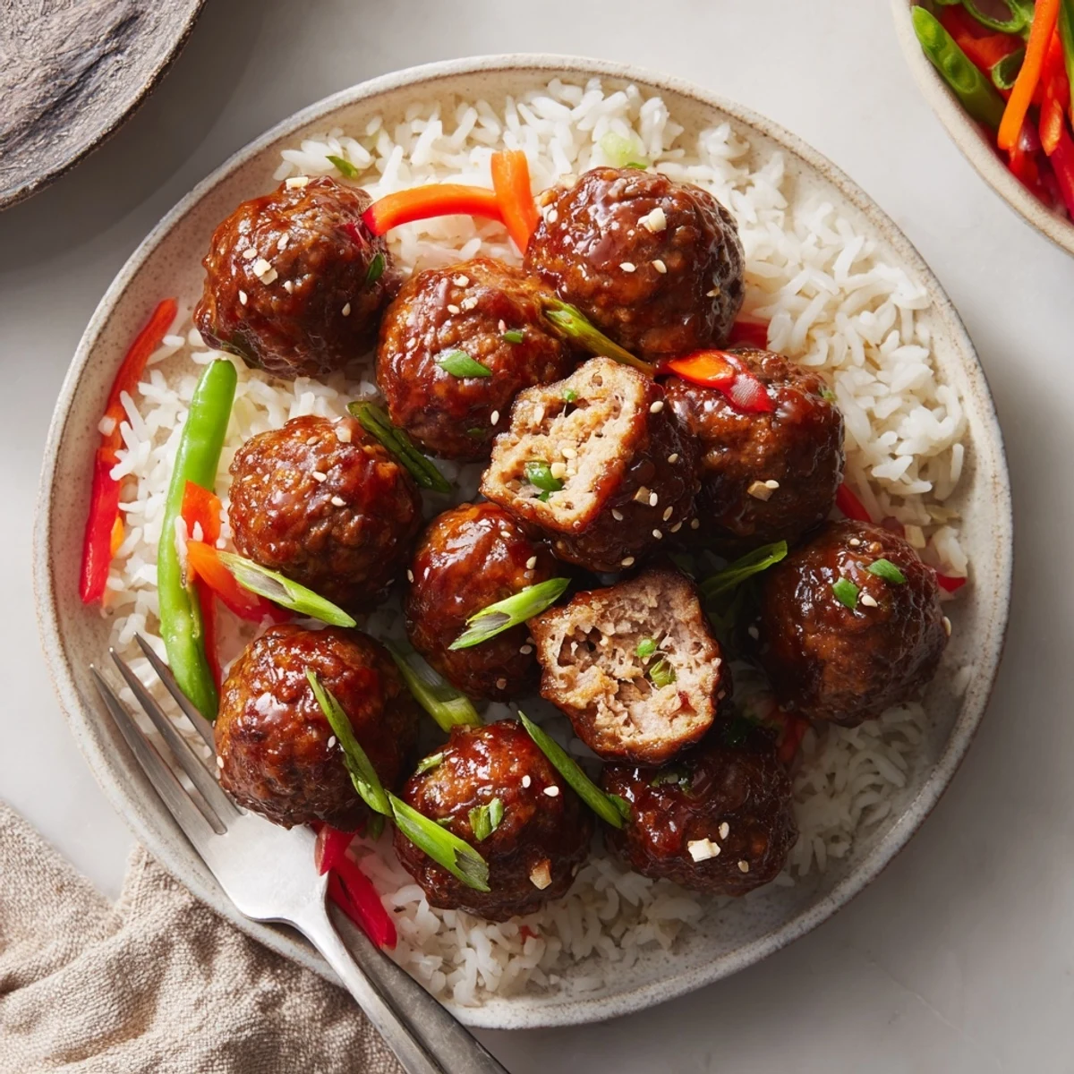 Hello Fresh Firecracker Meatballs glazed in glossy, spicy-sweet sauce over jasmine rice