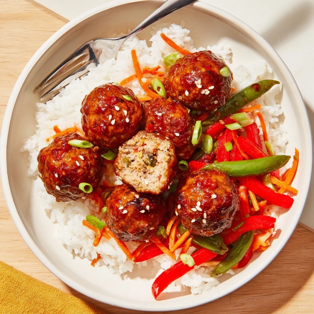 Bite-ready Hello Fresh Firecracker Meatballs nestled beside crisp sauteed vegetables and scallions