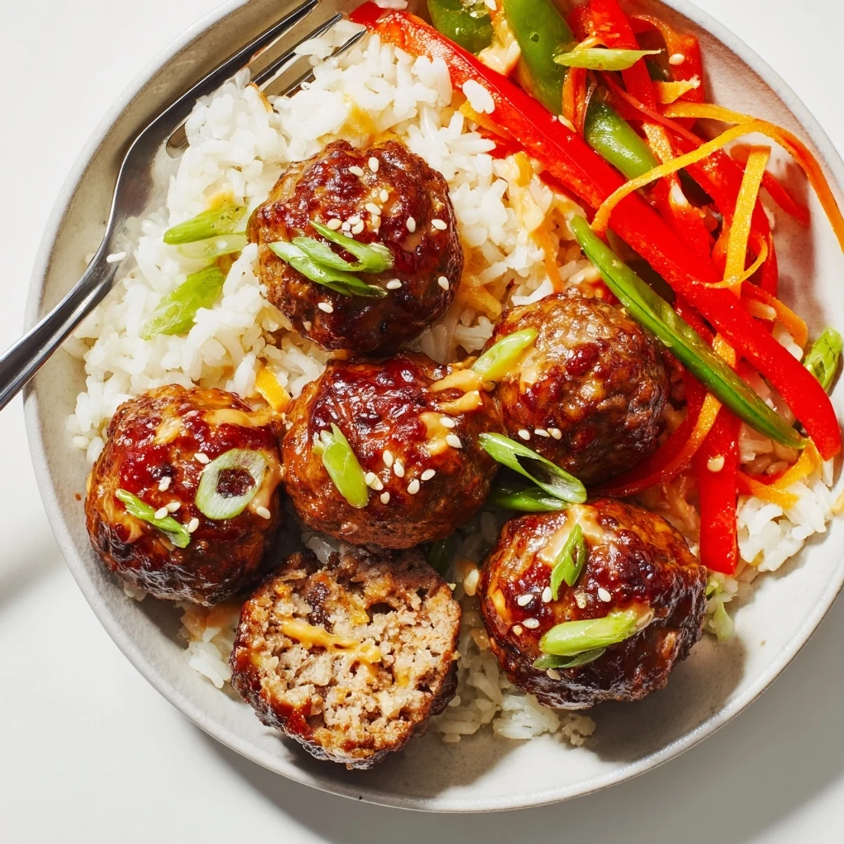 Pan-browned Hello Fresh Firecracker Meatballs tossed in fiery sauce, garnished with sesame seeds
