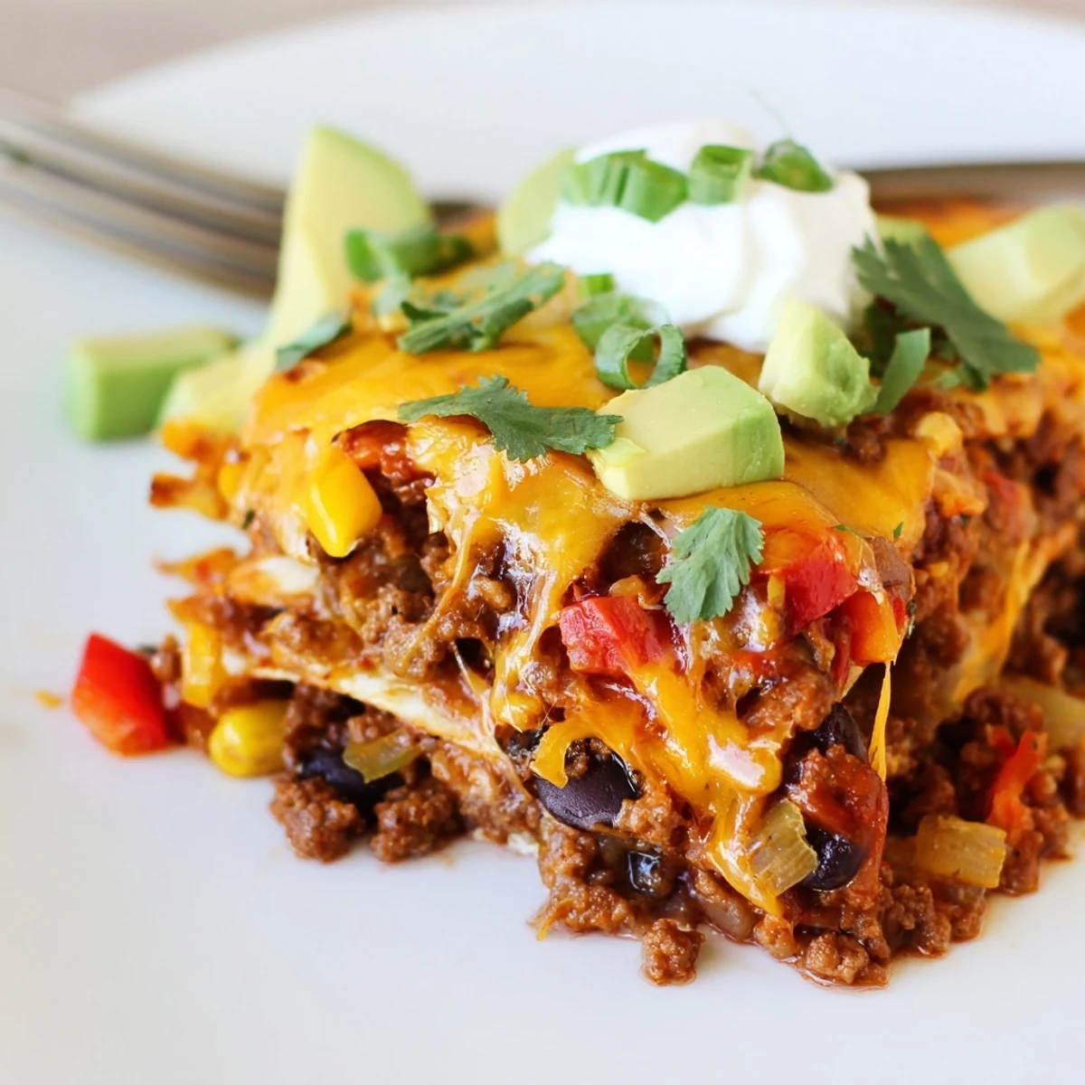 Hot Beef Skillet Enchiladas topped with cilantro and dollops of cool sour cream.