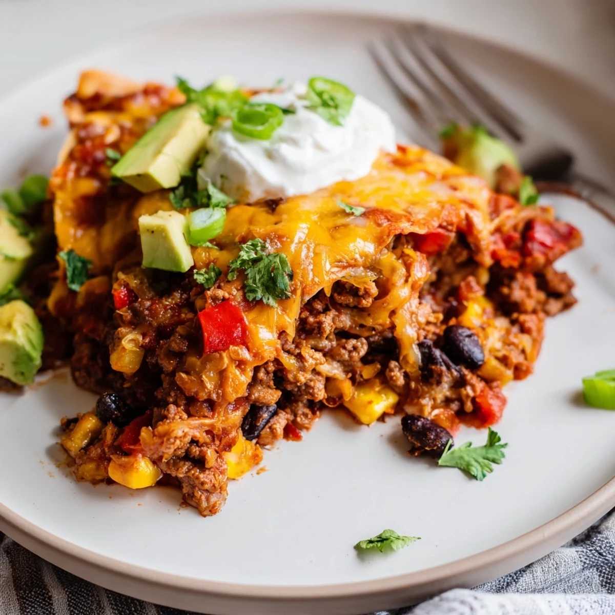 One pan Beef Skillet Enchiladas releasing warm cumin aroma, corn tortillas soaking sauce.