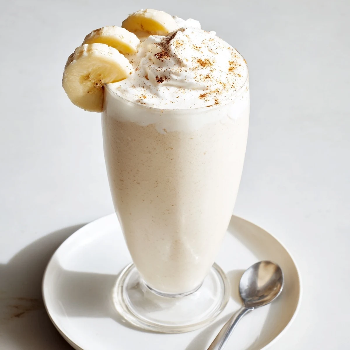 Frothy Vanilla Banana Shake in chilled glass, creamy texture with cinnamon