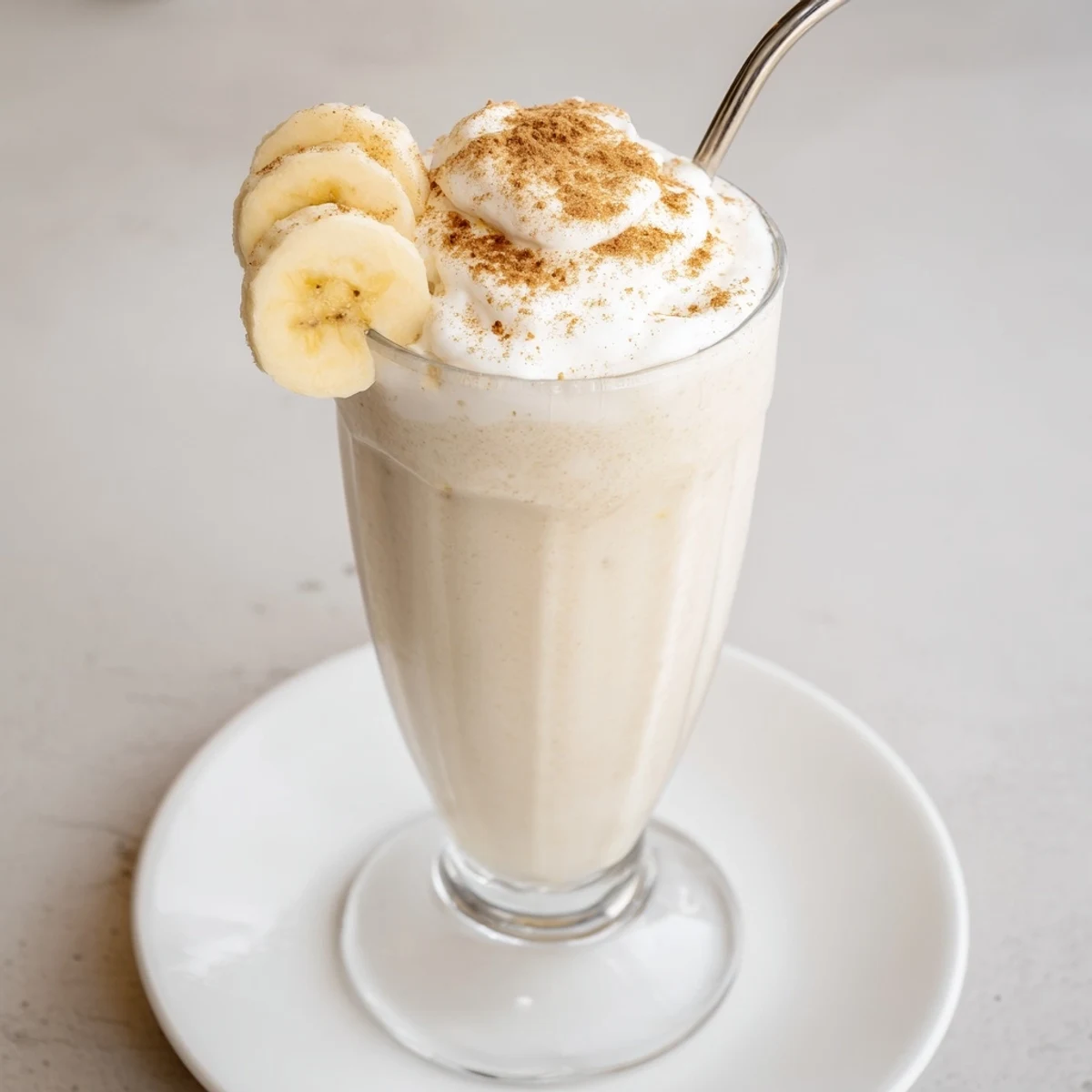 Cold Vanilla Banana Shake blended with maple syrup, perfect breakfast sip