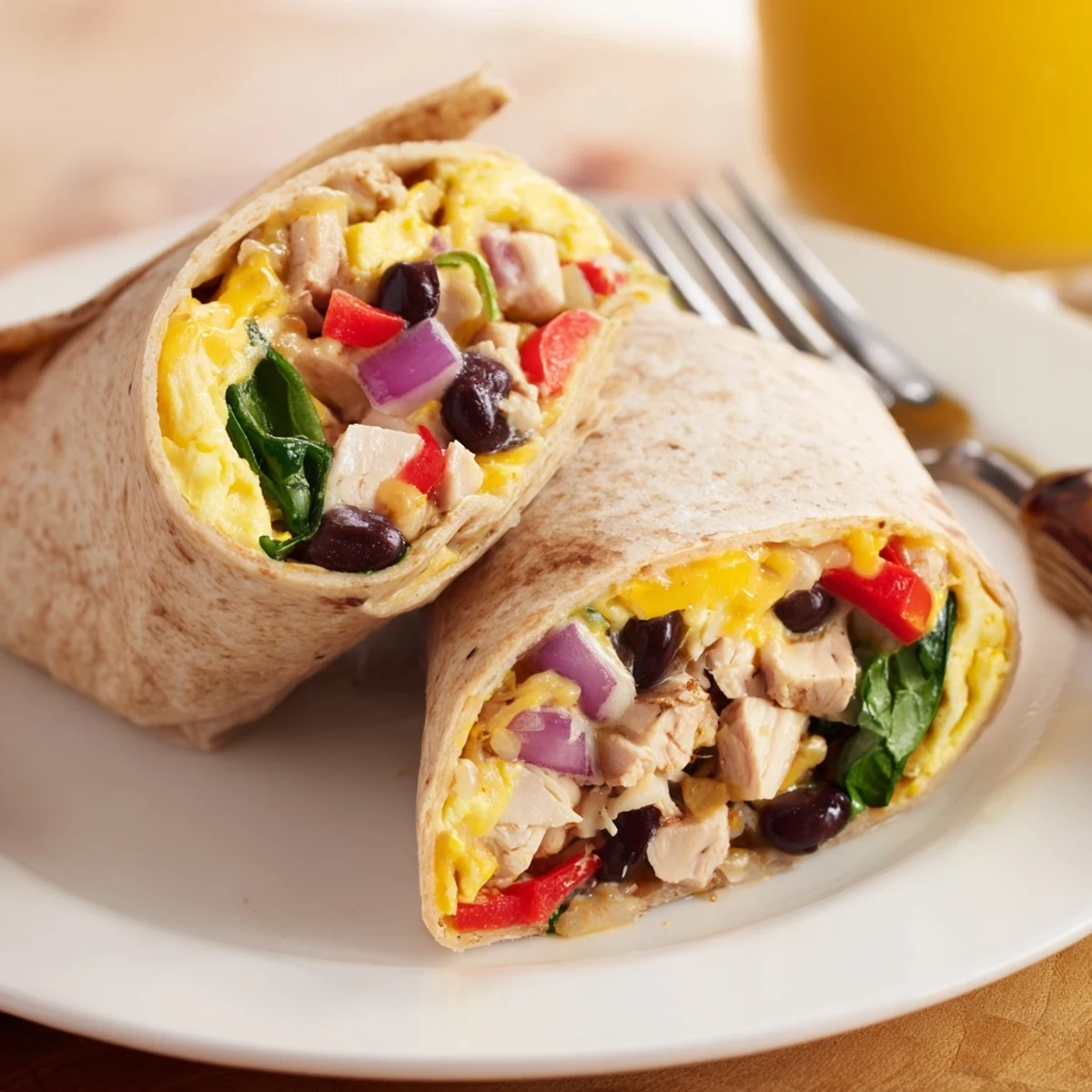 Protein Breakfast Burrito steaming on plate with melted cheddar and salsa