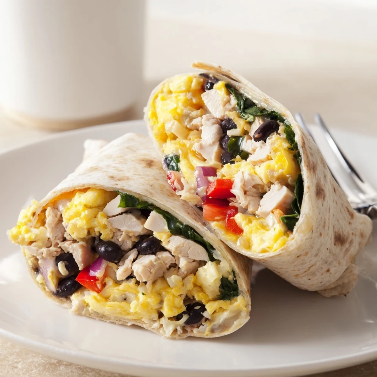 Warm Protein Breakfast Burrito filled with scrambled eggs, turkey, and spinach