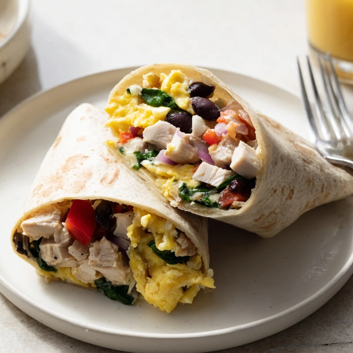 Halved Protein Breakfast Burrito reveals beans, melted cheese, soft tortilla texture