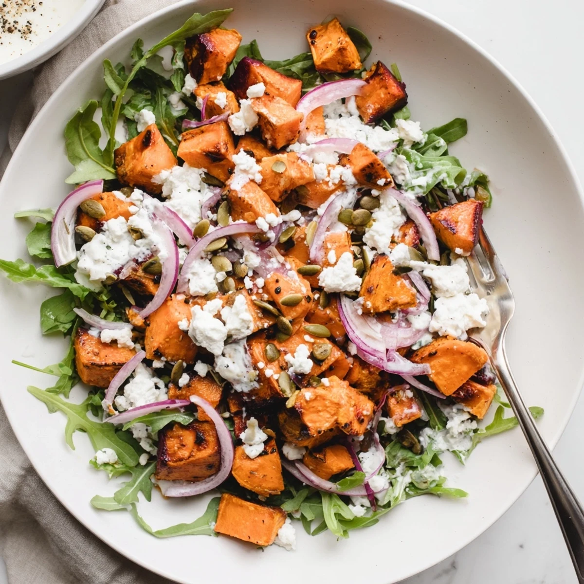 Creamy Roasted Beet Salad With Sweet Potato Feta, vibrant beets, arugula, fresh herbs  