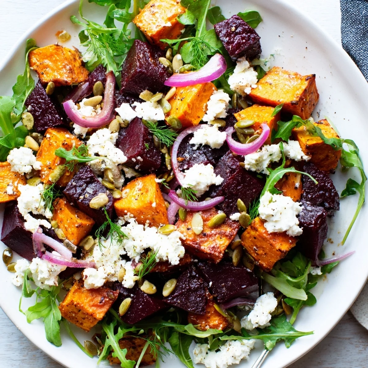 Bowl of Creamy Roasted Beet Salad With Sweet Potato Feta, warm caramelized vegetables  