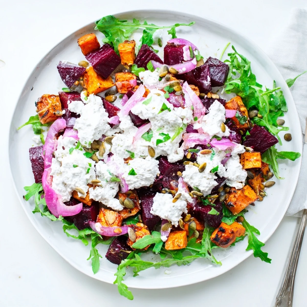 Creamy Roasted Beet Salad With Sweet Potato Feta drizzled with lemony yogurt dressing