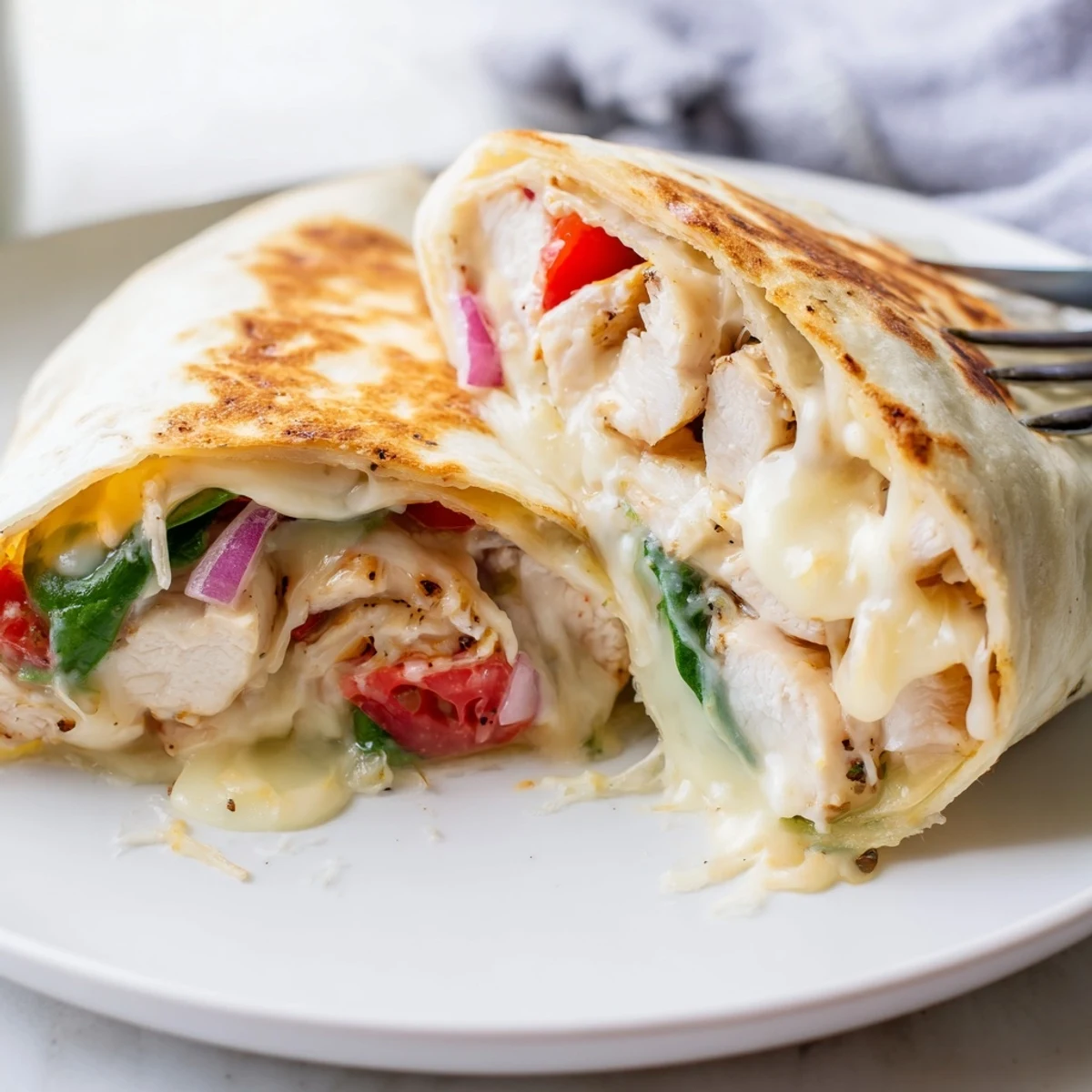 Cozy Cheesy Garlic Chicken Wraps sliced, gooey cheese oozing, golden grilled edges.