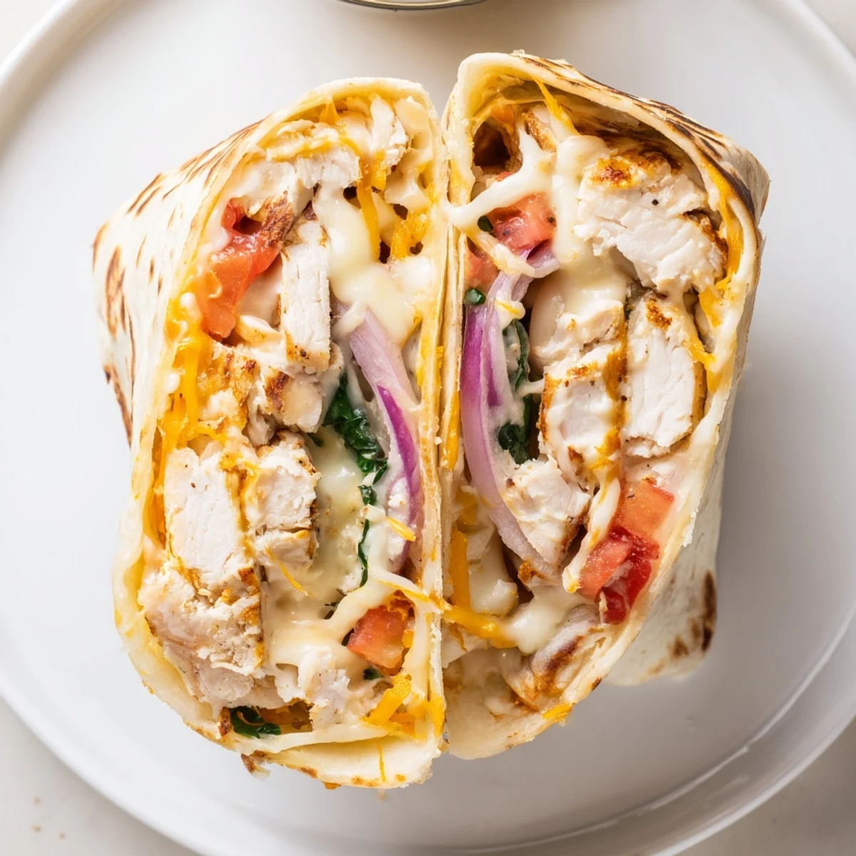 Warm Cozy Cheesy Garlic Chicken Wraps halved, tender garlic chicken and spinach visible.