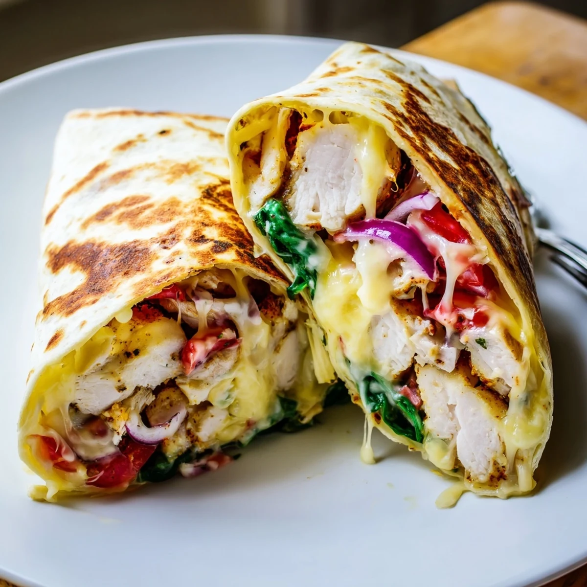 Pan-seared Cozy Cheesy Garlic Chicken Wraps resting on cutting board, steam rising.