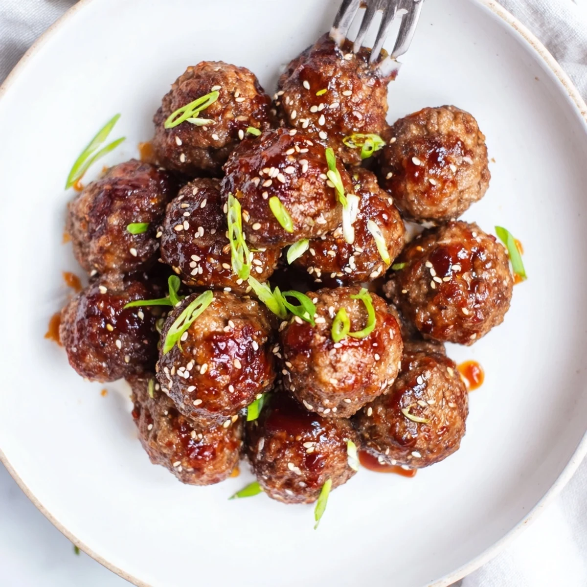 Firecracker Meatballs glossy in spicy-sweet sauce, sesame garnish, ready for rice.