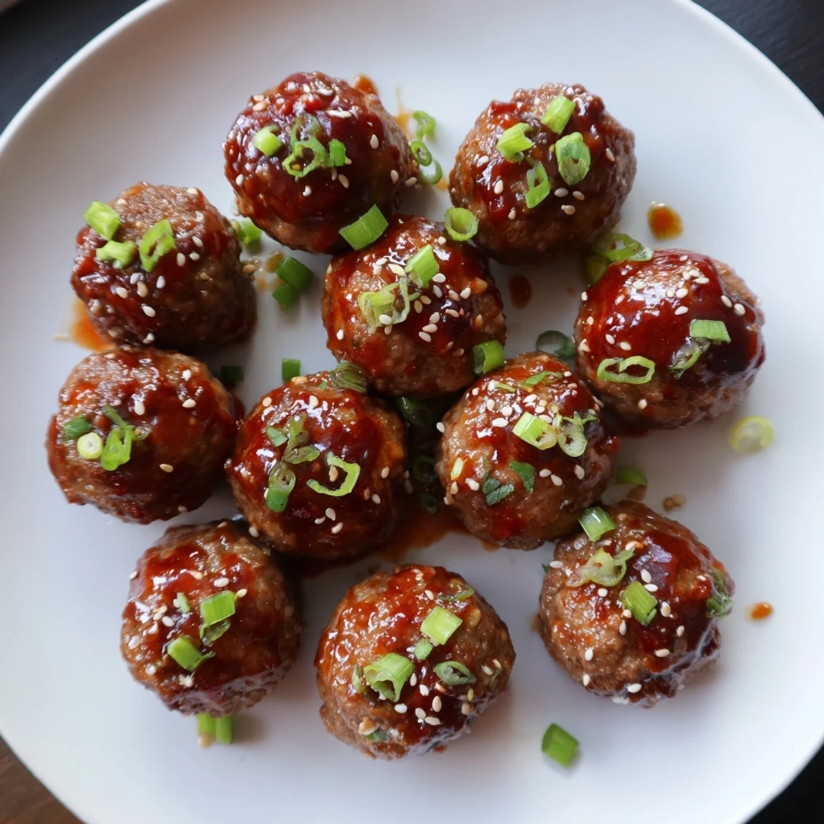 Baked Firecracker Meatballs piled on platter, sticky sauce and scallions.
