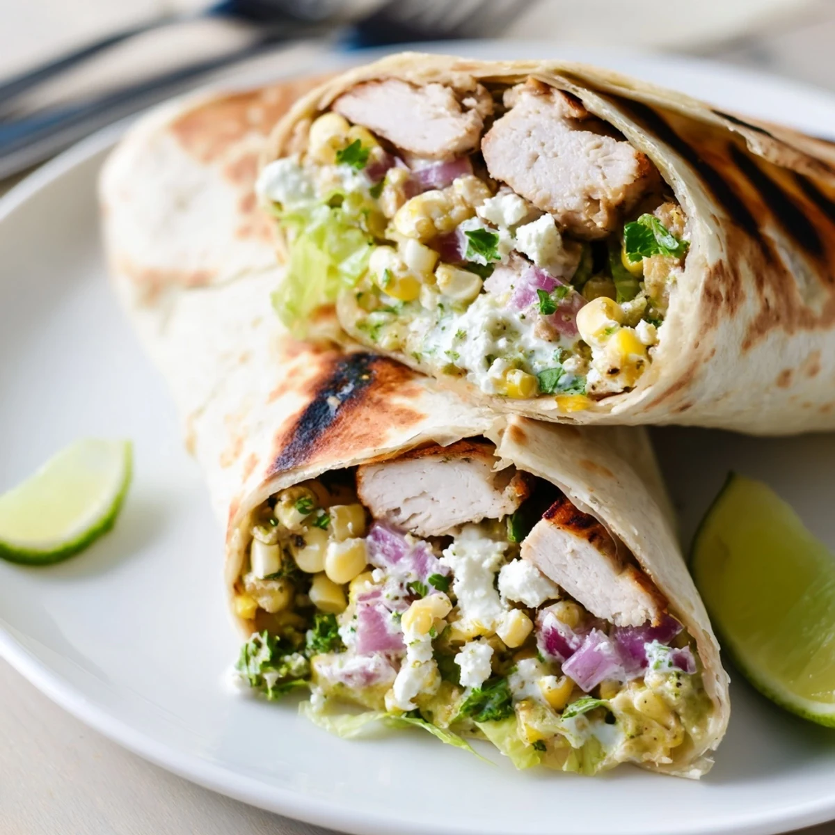 Quick Mexican Street Corn Chicken Wraps with charred corn, tangy cotija, lime wedge