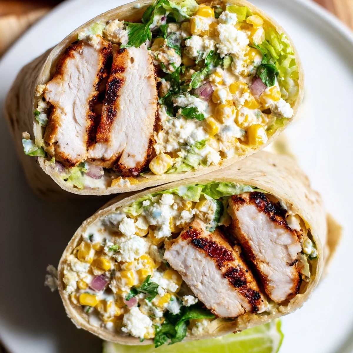 Handheld Quick Mexican Street Corn Chicken Wraps steaming, creamy mayo-lime sauce visible