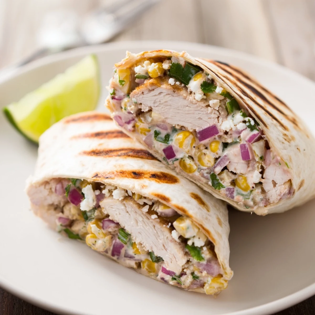 Plate of Quick Mexican Street Corn Chicken Wraps sliced, showing juicy grilled chicken