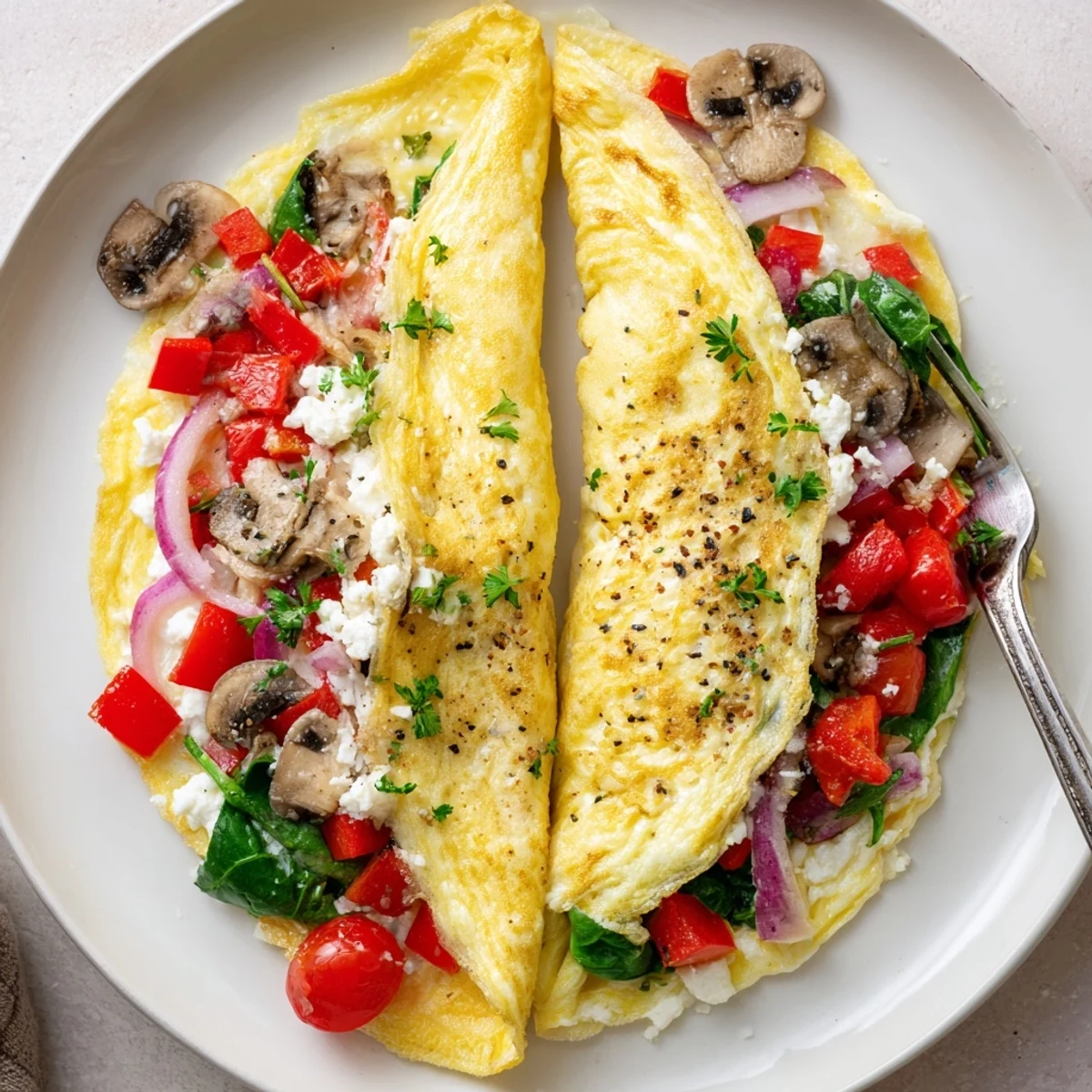 Egg White Omelette with Vegetables sizzling in nonstick skillet, tomatoes popping