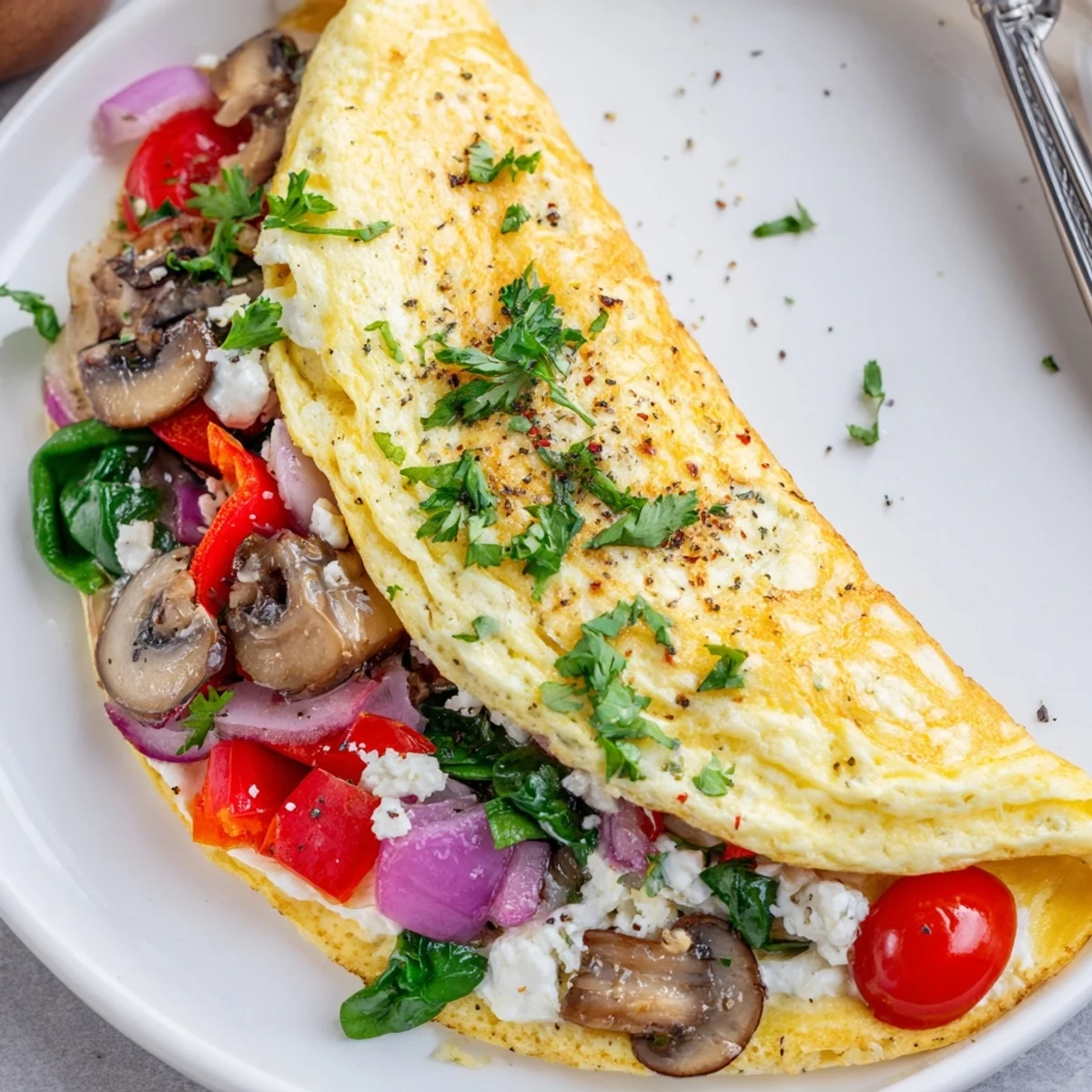 Light, fluffy Egg White Omelette with Vegetables folded over feta and parsley