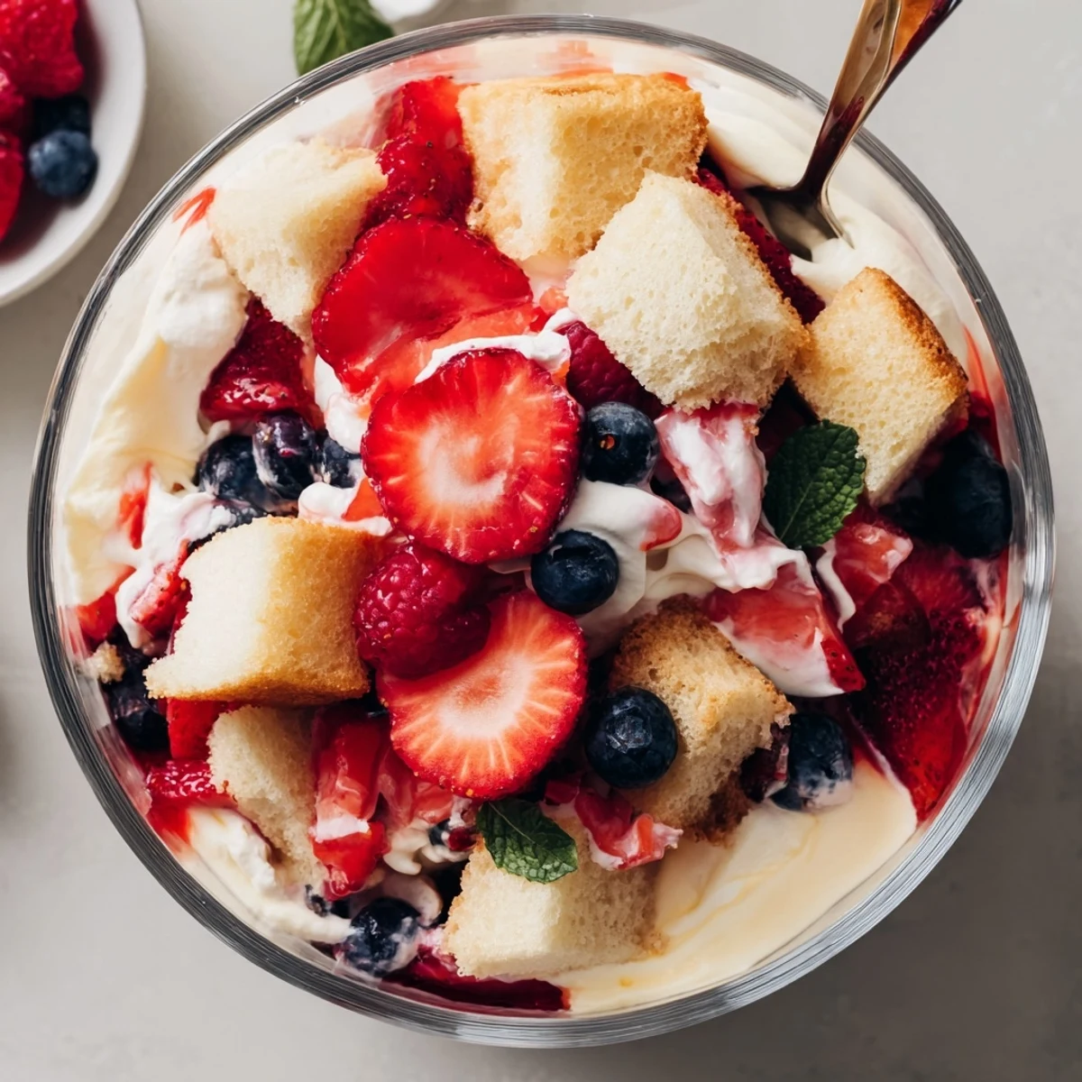 Berry Vanilla Cream Trifle layered with juicy berries, whipped mascarpone, chilled for serving