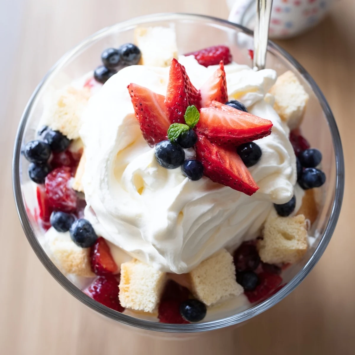 Creamy Berry Vanilla Cream Trifle in glass bowl garnished with mint