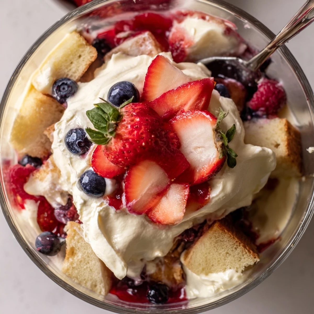 Individual Berry Vanilla Cream Trifle cups showing sponge, custard, bursting berry juices