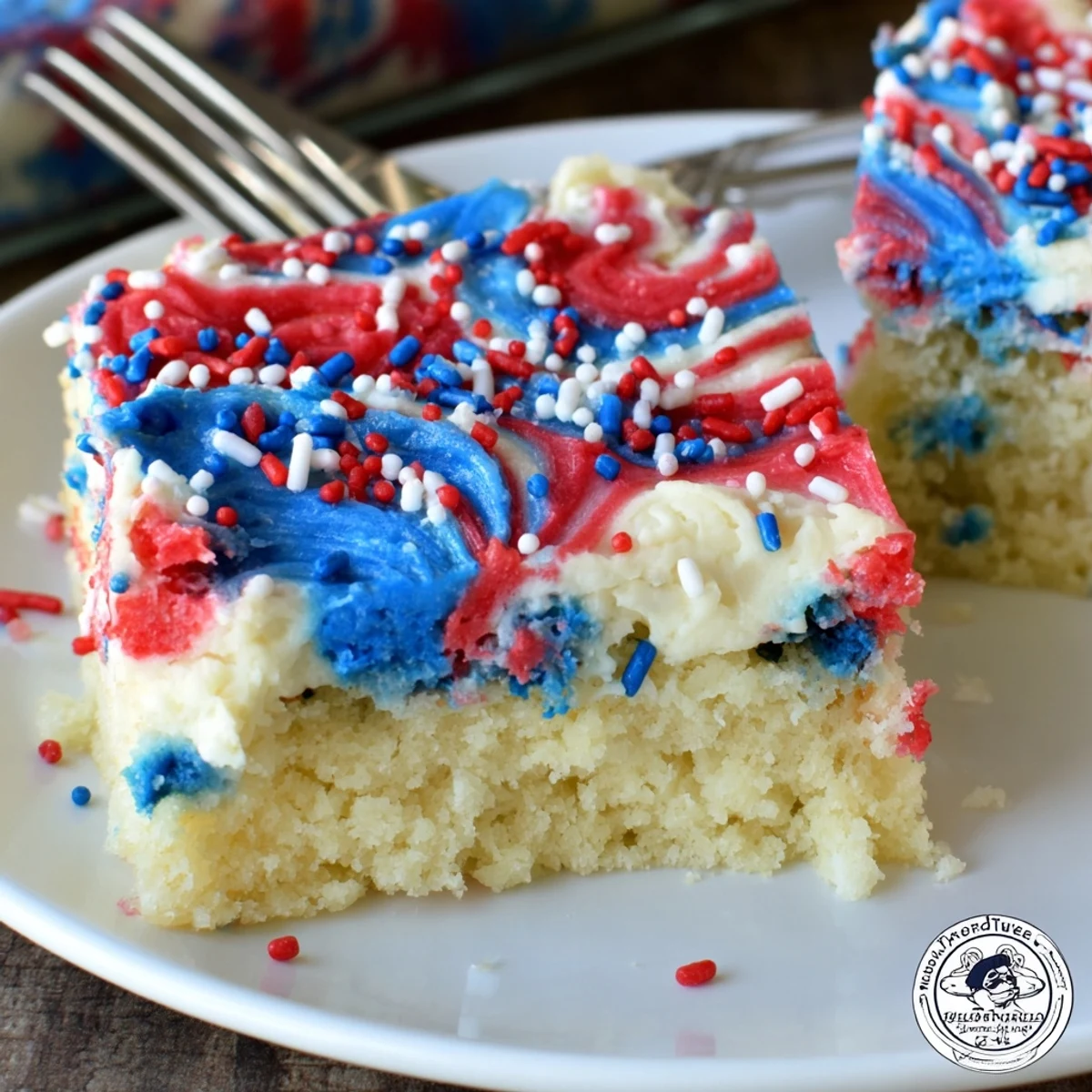 Buttery Patriotic Sugar Cookie Bars topped with crunchy red, white, blue sprinkles.