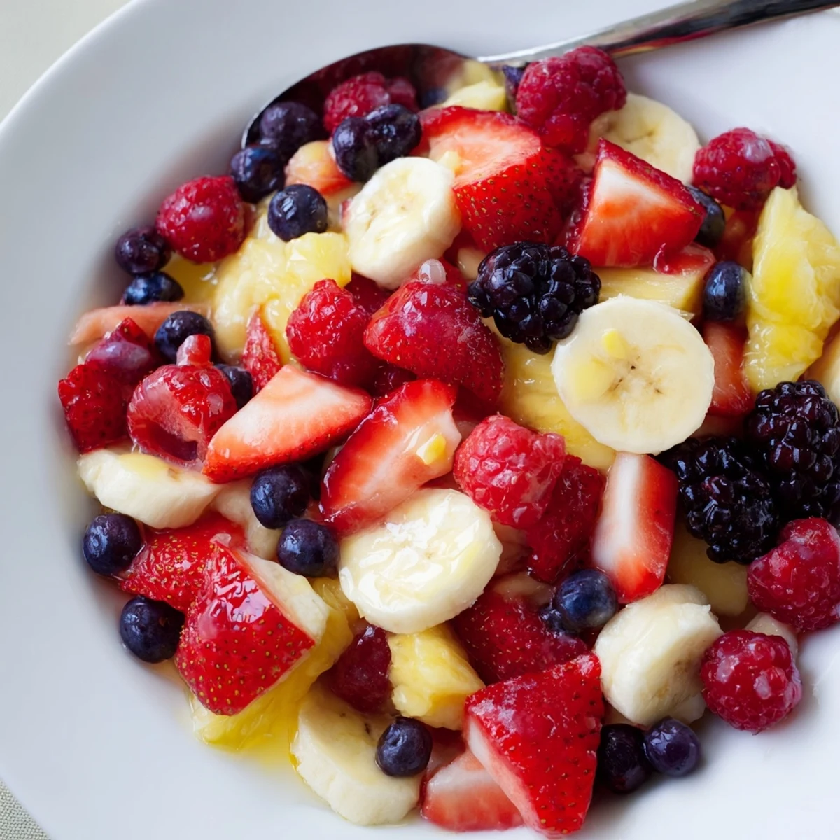 Red White And Blue Fruit Salad with juicy berries, pineapple, honey-lime drizzle
