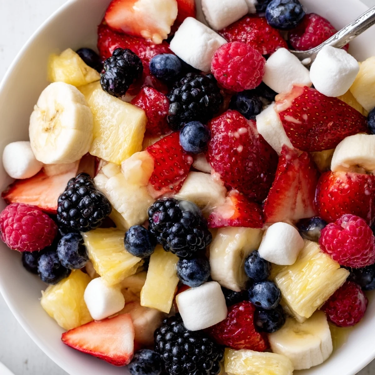 Bowl of Red White And Blue Fruit Salad chilled for picnic, mint garnish
