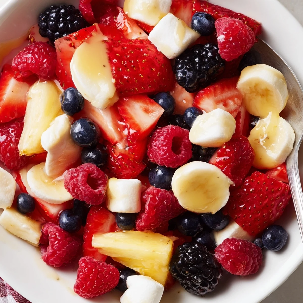 Fourth of July-ready Red White And Blue Fruit Salad with soft marshmallows