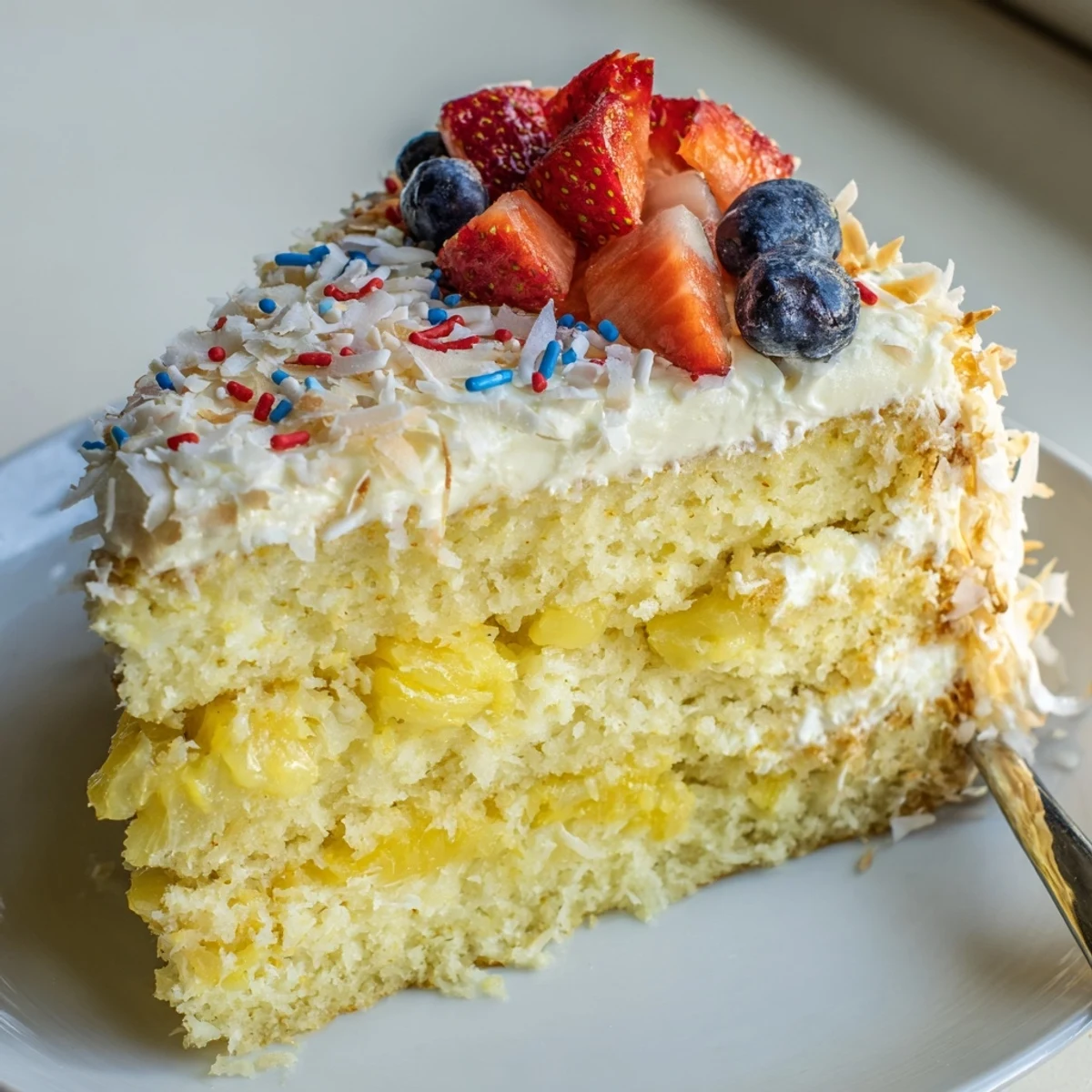 Pineapple Coconut God Bless America Cake with toasted coconut and fresh berries